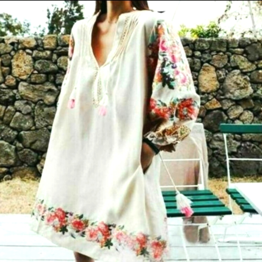 New Embroidered Boho Gypsy Tassel Tunic Top Dress